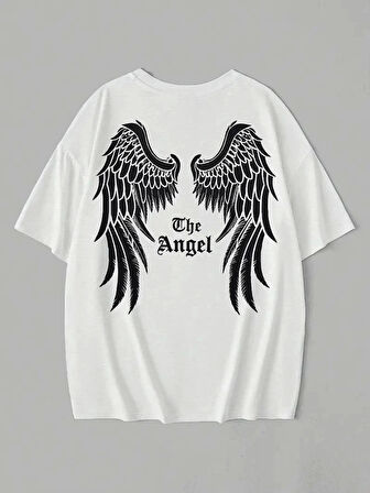 Baskılı Oversize Bisiklet Yaka T-shirt - Beyaz