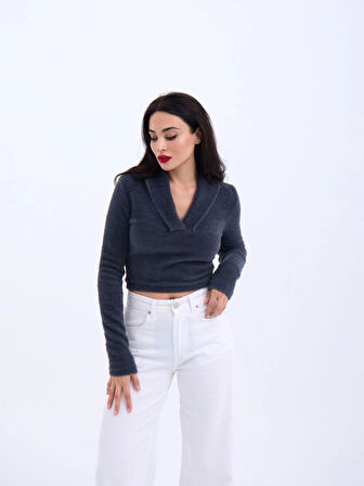 42531 TRİKO SİMLİ YAKALI CROP-ANTRASİT