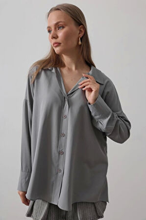 Geniş Manşet Detaylı Gömlek - Gri
