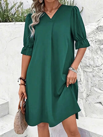 Kadın Kısa Kollu V Yakalı Salaş Janjan Krep Elbise