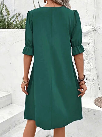 Kadın Kısa Kollu V Yakalı Salaş Janjan Krep Elbise