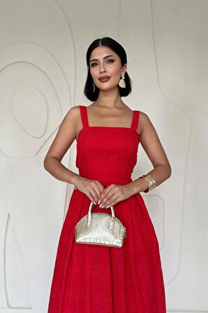 Kırmızı Askılı Aparatlı Brode Elbise