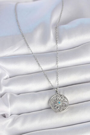 316L Çelik Gümüş Renk Zincir Mavi Taşlı Lotus Model Kadın Kolye