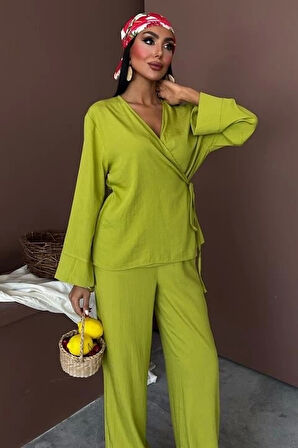 Kruvaze Model Klasik Pantolonlu Çupra Keten Takım 10191