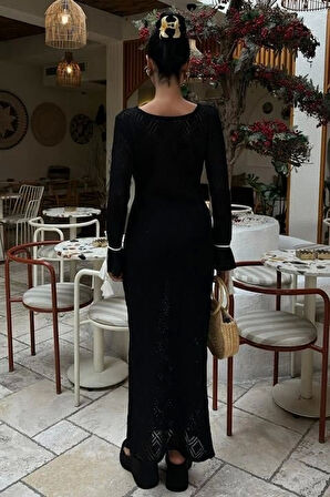 Püskül Bağcık Detaylı V Yaka Ajurlu Elbise 2850