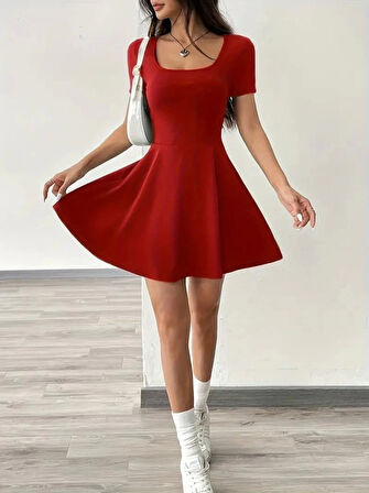 Kadın Kısa Kollu Kare Yaka Short Detaylı Cepli Dalgıç Elbise