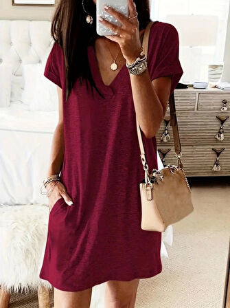 Kadın Kısa Kollu V Yakalı Cepli Kısa Viskon Elbise