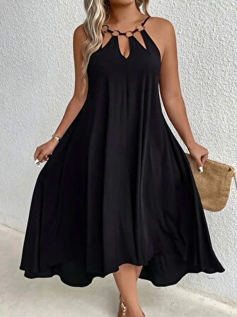 Kadın Boyundan Askılı Damla Detaylı Halkalı Asimetrik Kesim Viskon Elbise