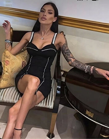 Kadın Dalgıç Kumaş Taş Aksesuarlı Mini Boy Elbise