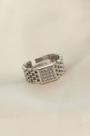 Ayarlamalı Gümüş Renk Kare Zirkon Taşlı Yüzük