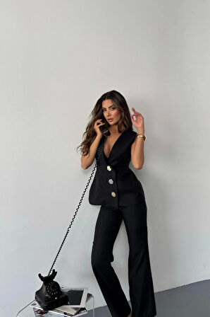 KETEN GOLD DÜĞMELİ YELEK - PANTOLON TK - Siyah