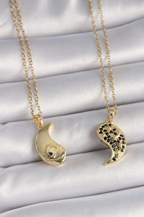 316L Çelik Gold Renk Zincir Zirkon Taşlı Ying Yang Model Gün Batımı İşlemeli Arkadaşlık Kadın Kolye