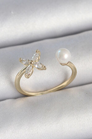 Pirinç Gold Renk Zirkon Taşlı Çiçek Model İnci Detay Ayarlanabilir Kadın Yüzük