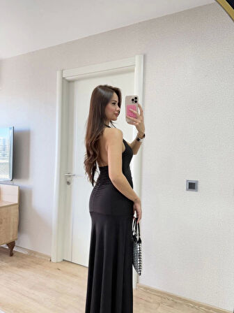 Sırt Dekolteli Uzun Kollu Elbise - Siyah