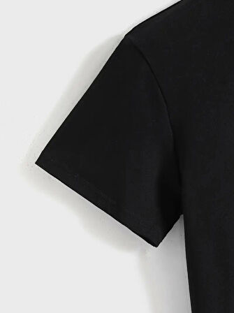 Baskılı Oversize Bisiklet Yaka T-shirt - Siyah