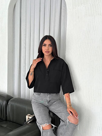Crop Yakalı Gömlek Üç Çeyrek Sleeve Kol - Siyah
