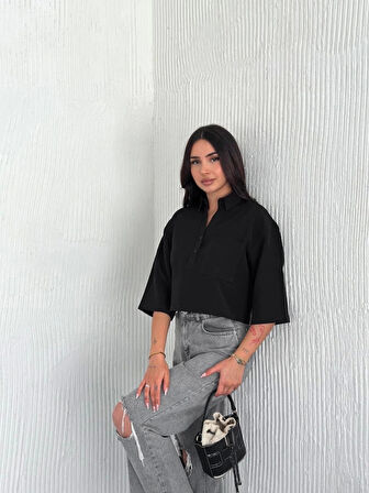 Crop Yakalı Gömlek Üç Çeyrek Sleeve Kol - Siyah