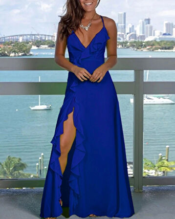 Kadın Ip Askılı Dekolteli Yırtmaç Detay Krep Elbise