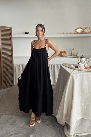 Siyah Askılı Müslin Elbise