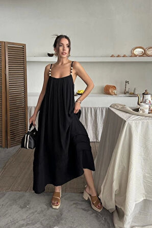 Siyah Askılı Müslin Elbise