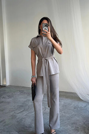 ÇİZGİLİ POLYVİSKON BLUZ - PANTOLON TAKIM - Gri