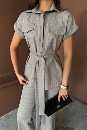 ÇİZGİLİ POLYVİSKON BLUZ - PANTOLON TAKIM - Gri