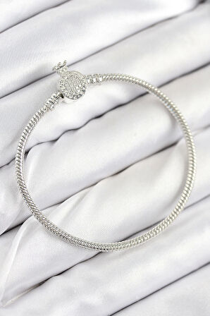 Pirinç Charm Zirkon Taşlı Taç Model Gümüş Renk Kadın Bileklik