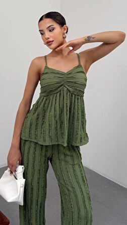 Kadın Haki Dokulu Askılı Üst Ve Bol Paça Pantolon 2’li Takım