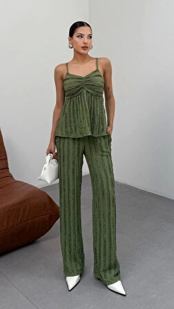 Kadın Haki Dokulu Askılı Üst Ve Bol Paça Pantolon 2’li Takım