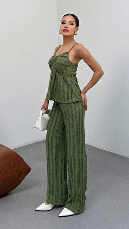 Kadın Haki Dokulu Askılı Üst Ve Bol Paça Pantolon 2’li Takım