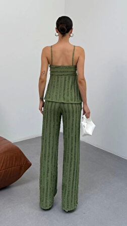 Kadın Haki Dokulu Askılı Üst Ve Bol Paça Pantolon 2’li Takım