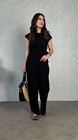 Kadın Kısa Kollu Bisiklet Yaka Yandan Bağlamalı Bürümcük Bluz Ve Pantolon Ikili Takım