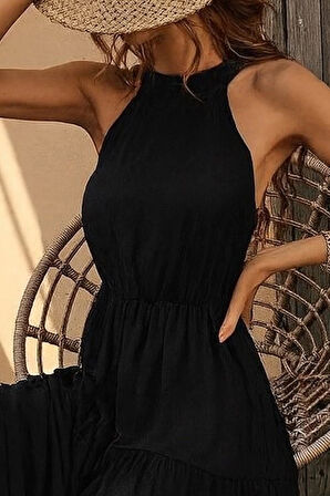 Kadın Kolsuz Halter Yaka Beli Lastiklidesenli Mikro Elbise