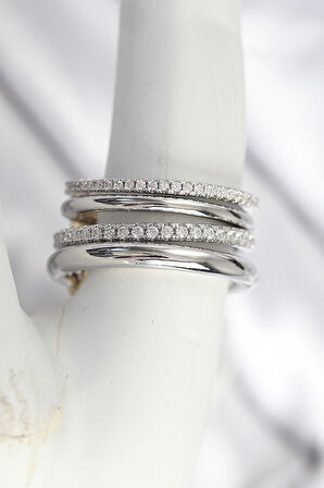 Pirinç Gümüş Renk Zirkon Taşlı 4'Lü Kadın Yüzük