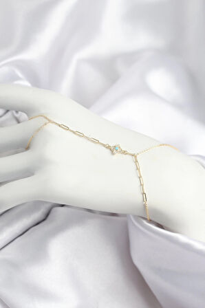 Pirinç Zirkon Taşlı Mavi Boncuklu Yonca Model Gold Renk Şahmeran