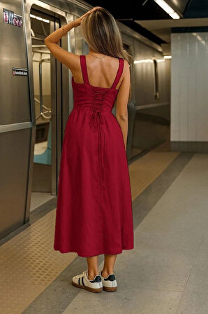 Kadın Askılı Geniş V Yakalı Sırttan Bağlamalı Yırtmaçlı Süprem Elbise