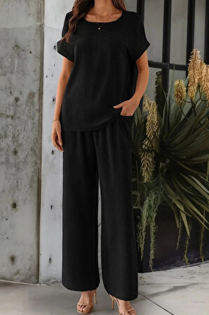 Kadın Kısa Kollu Yakası Açık Aerobin Bluz Ve Pantolon Ikili Takım