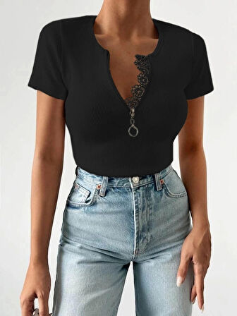 Kadın Beyaz Yaka Dantel Ve Fermuarlı Kaşkorse Bluz