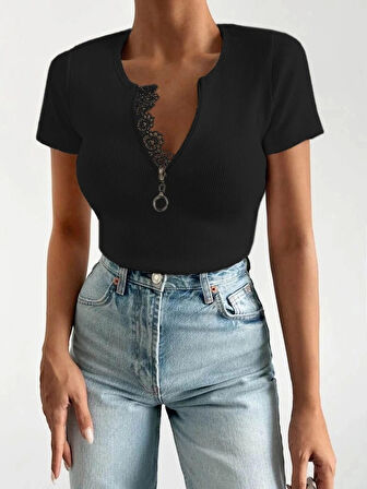 Kadın Beyaz Yaka Dantel Ve Fermuarlı Kaşkorse Bluz