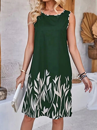Kadın Askılı Yuvarlak Yakalı Yaprak Desenli Dalgıç Elbise