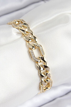 VIP Pirinç Zirkon Taşlı Parçalı Zincir Model Gold Renk Kadın Bileklik