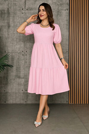 Kadın Kısa Kollu Yakası Açık Katlı Bürümcük Balon Elbise