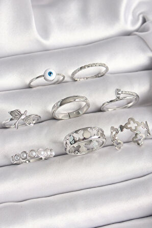 Pirinç Gümüş Renk Nazar Boncuk Detay İncili Kelebek İşlemeli Kadın Yüzük Kombini