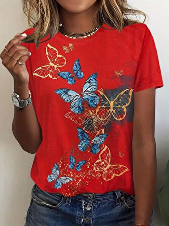 Kadın Kısa Kollu Mavi Sarı Kelebek Baskı Süprem Bluz