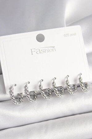 925 Ayar Gümüş Çivi Pirinç Gümüş Renk Sarmal Halka Model Kadın Küpe Seti