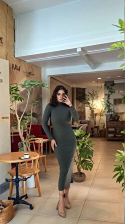 Kadın Yarım Balıkçı Yaka Süet Kumaş Fırsat ürün Midi Boy Elbise