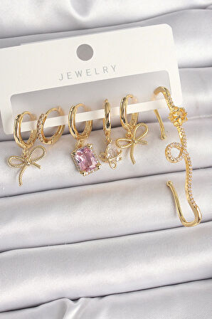 Pirinç Gold Renk Sallantı Kurdele Model Pembe Kare Zirkon Taşlı Kadın Küpe Seti