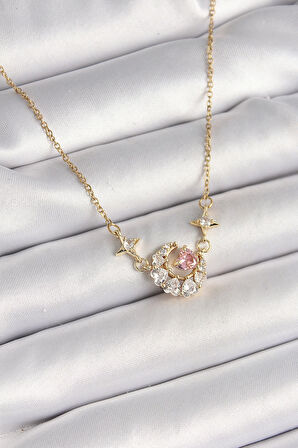 316L Çelik Gold Renk Zirkon Taşlı Hilal Pembe Kalp Model Kadın Kolye