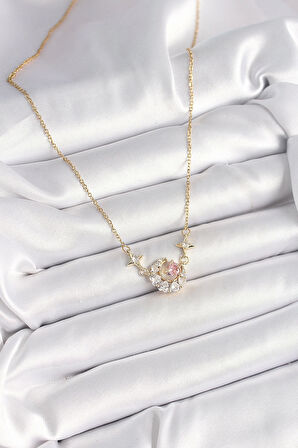 316L Çelik Gold Renk Zirkon Taşlı Hilal Pembe Kalp Model Kadın Kolye