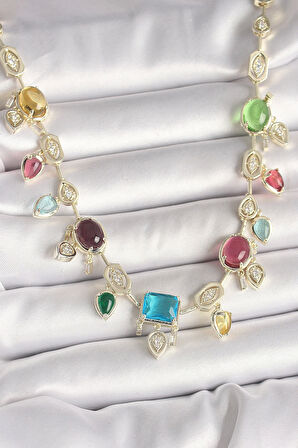 Pirinç Gold Renk Renli Zirkon Taşlı VIP Seri Kadın Kolye